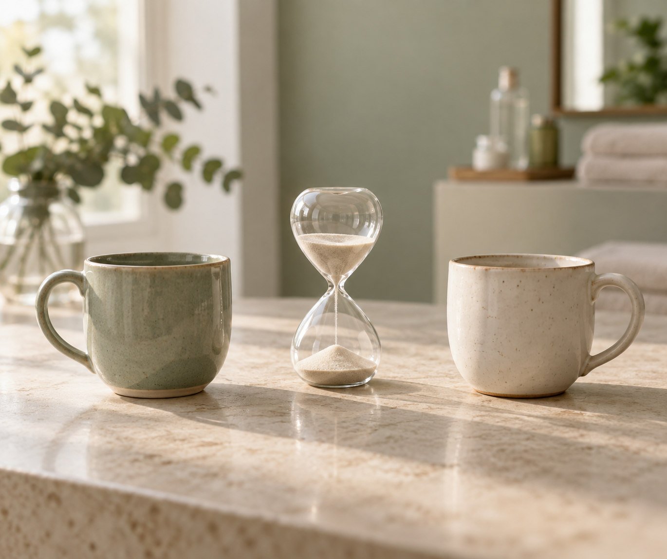 Zwei Keramiktassen stehen mit Abstand zu beiden Seiten einer kleinen Sanduhr.