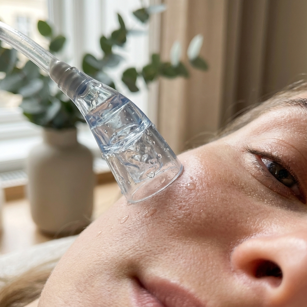 Nahaufnahme eines Aquafacial-Handstücks bei der Anwendung auf der Haut