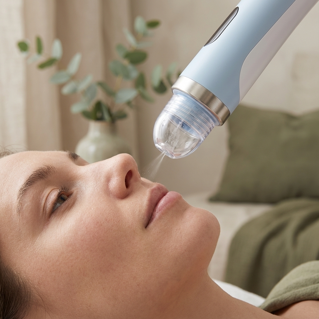 Nahaufnahme eines Aquafacial Handstücks bei der Anwendung auf der Haut