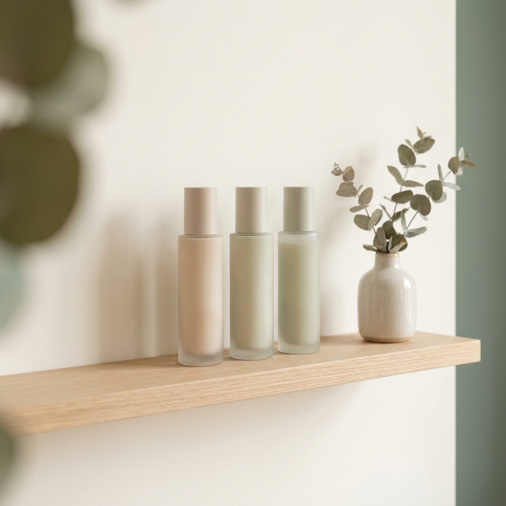Minimalistisches Badezimmerregal mit wenigen Hautpflegeprodukten