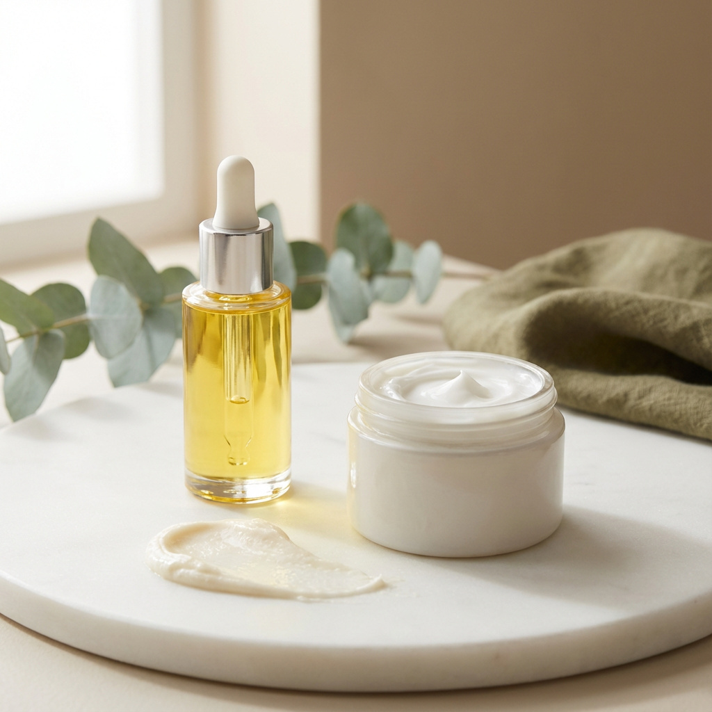 Winterliche Hautpflegeprodukte: Gesichtsöl, reichhaltige Creme und sanfte Reinigungsmilch