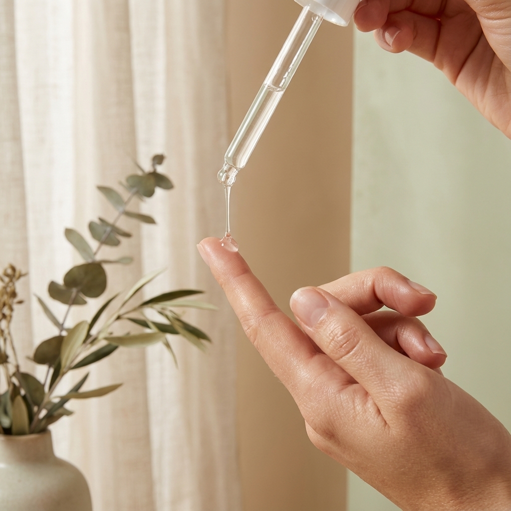 Nahaufnahme eines Serums auf einer Fingerspitze zur Darstellung von Hautpflege Inhaltsstoffen