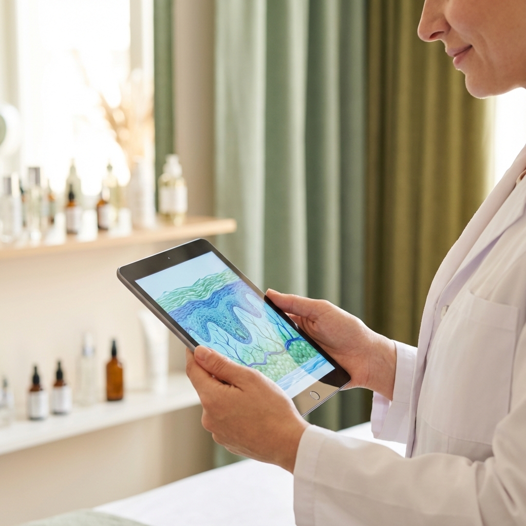 Kosmetikerin zeigt Ergebnisse der digitalen Hautanalyse auf einem Tablet