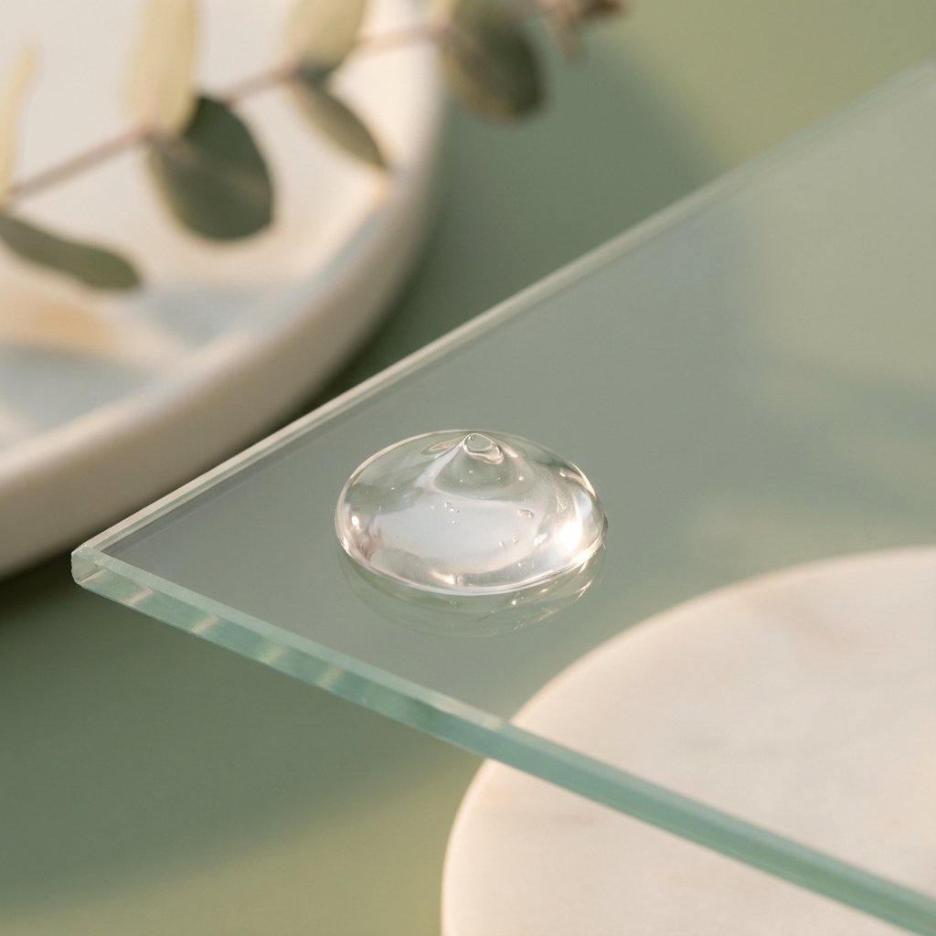 Nahaufnahme einer klaren Serum-Textur, die Reinheit und Wirkstofftransparenz symbolisiert