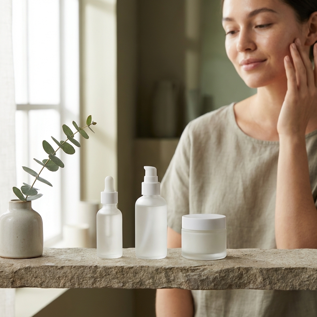 Minimalistisches Arrangement von drei Hautpflegeprodukten als Symbol für Skinimalism