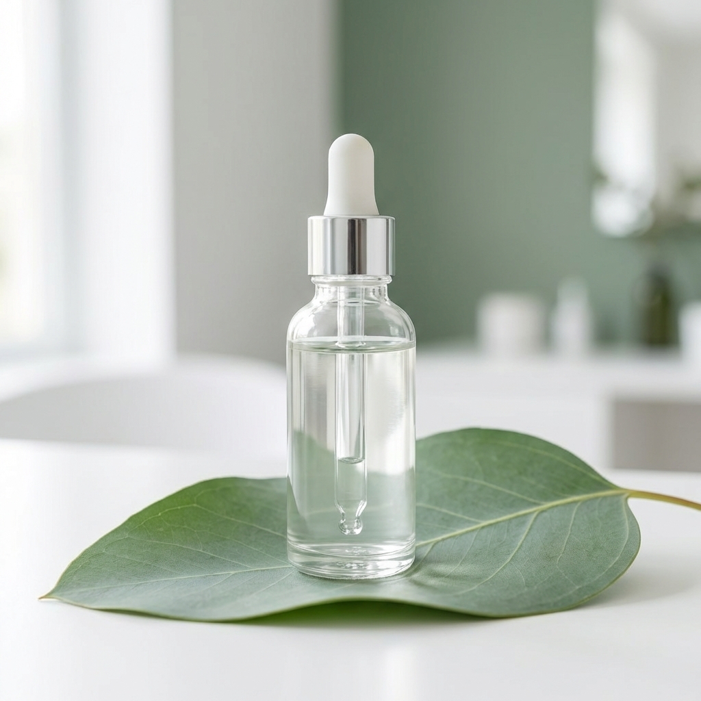 Serum-Flasche auf einem grünen Blatt als Symbol für biotechnologische Hautpflege