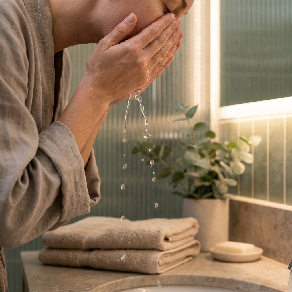 Frau wäscht sich sanft das Gesicht mit Wasser als Teil der Abendroutine