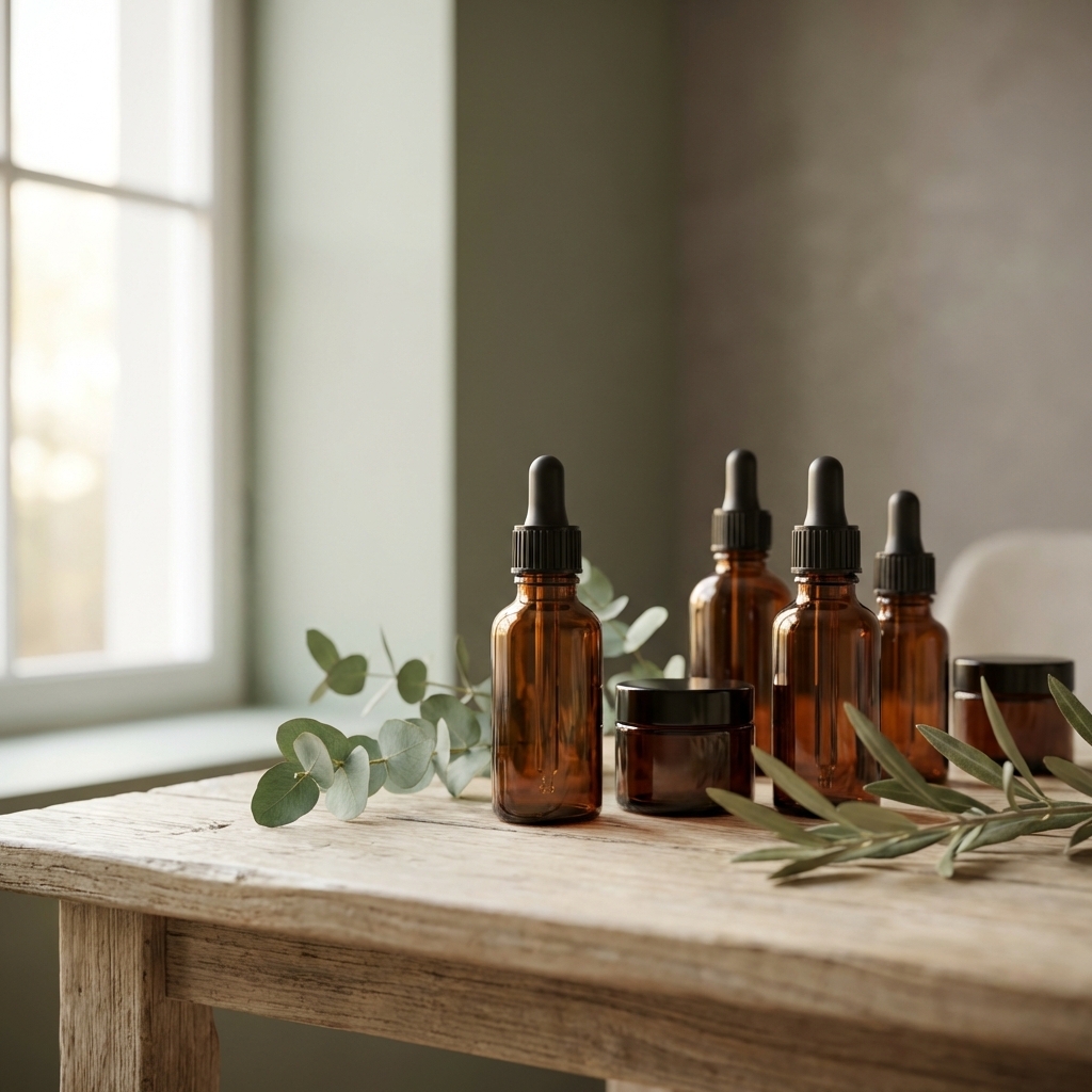 Glasflaschen mit pflanzlichen Kosmetik-Inhaltsstoffen und grünen Blättern