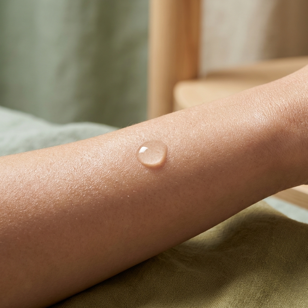 Nahaufnahme eines Wassertropfens auf gesunder Haut, symbolisch für die Wirkung von Glycerin