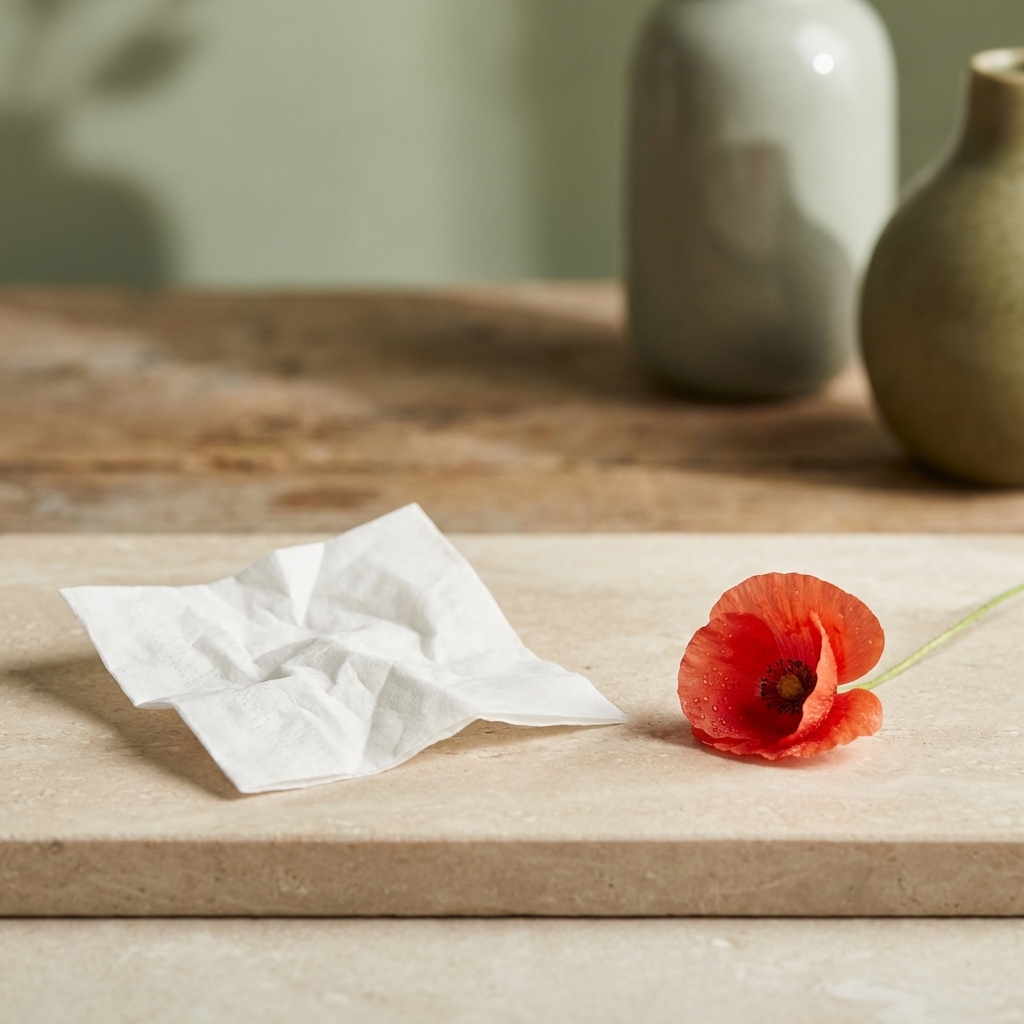 Vergleichsbild: Taschentuch für Fett-Test neben zarter Blume als Symbol für Empfindlichkeit