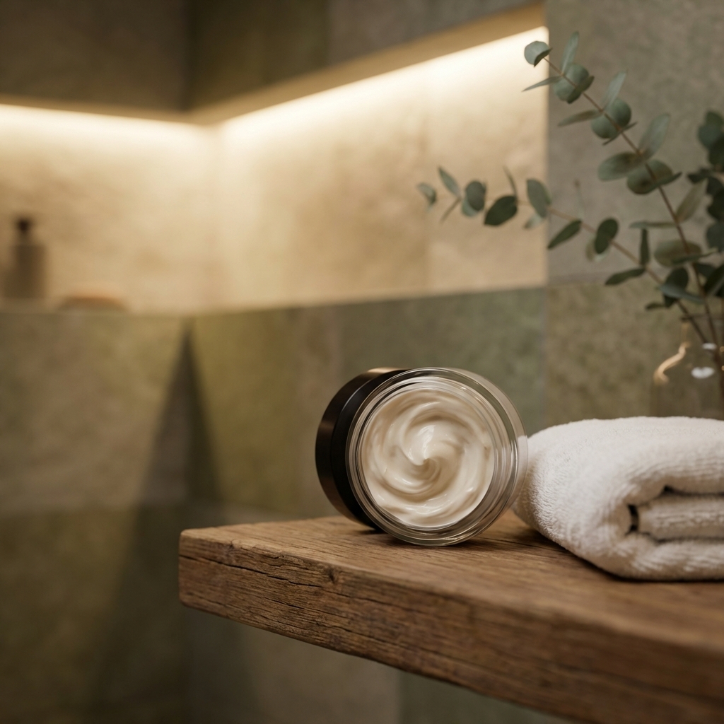Tiegel mit reichhaltiger Nachtcreme in entspannter Badezimmer-Atmosphäre.