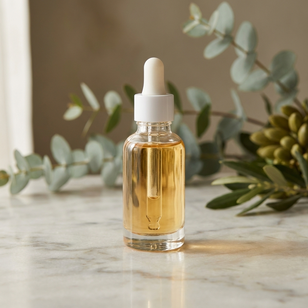 Glasflasche mit goldenem Serum auf Marmoruntergrund als Symbol für Skinimalism