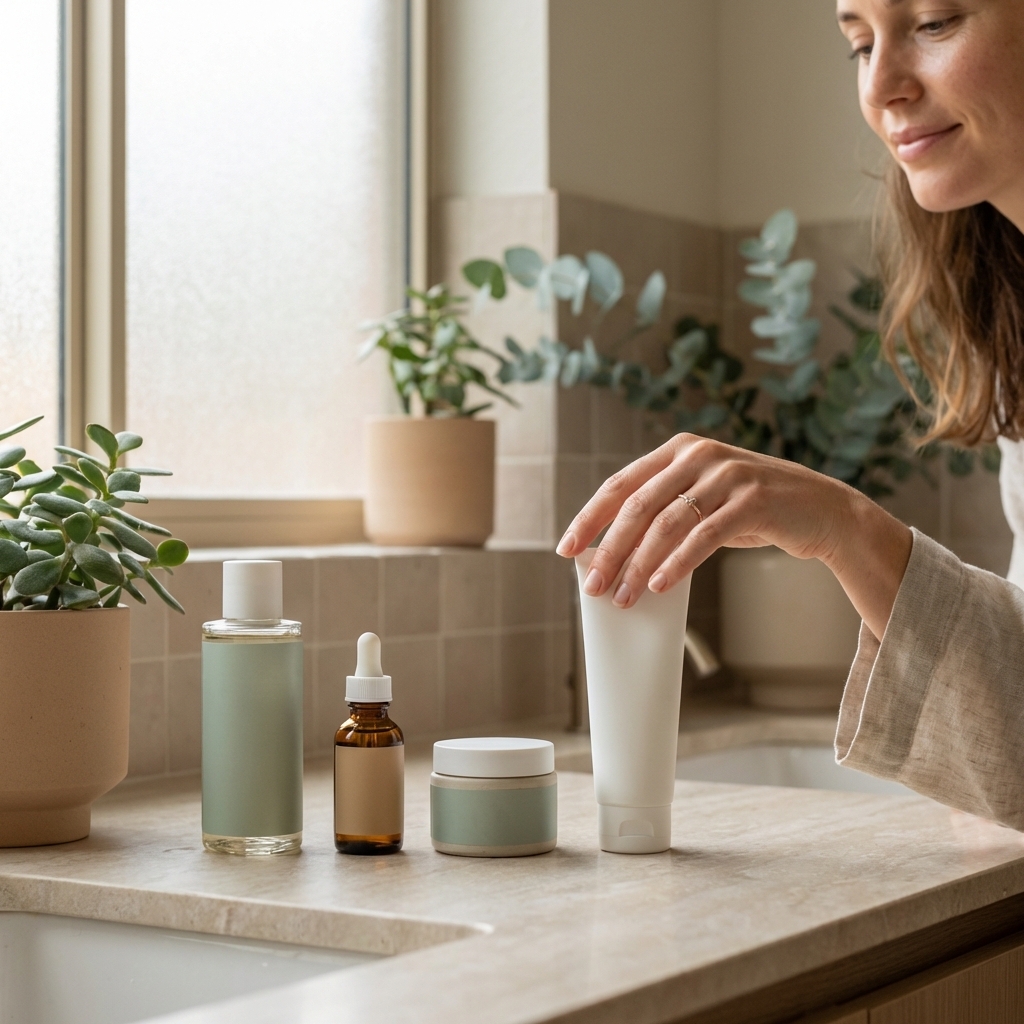 Skincare-Produkte am Waschbecken in fester Reihenfolge: Reiniger, Serum, Creme und Sonnenschutz