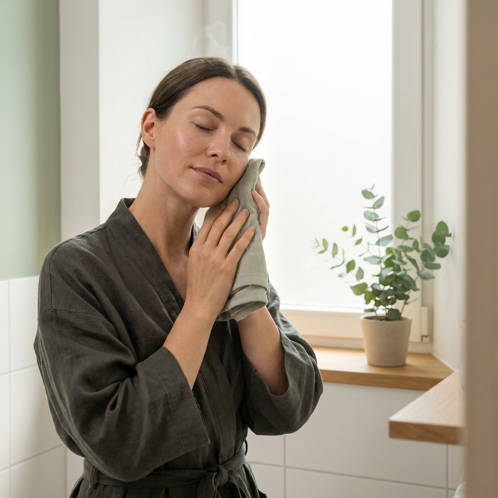 Frau hält ein warmes Tuch an die Wange als Teil einer sanften Morgenroutine für frischere Haut