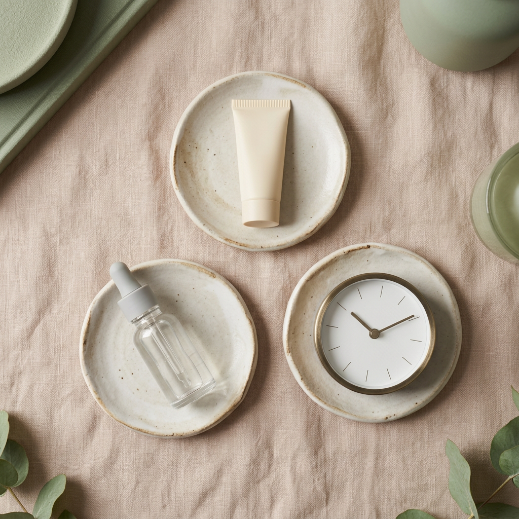 Flat-Lay mit Sonnenschutz, Serum und Uhr als Symbole für die richtige Aquafacial-Nachsorge