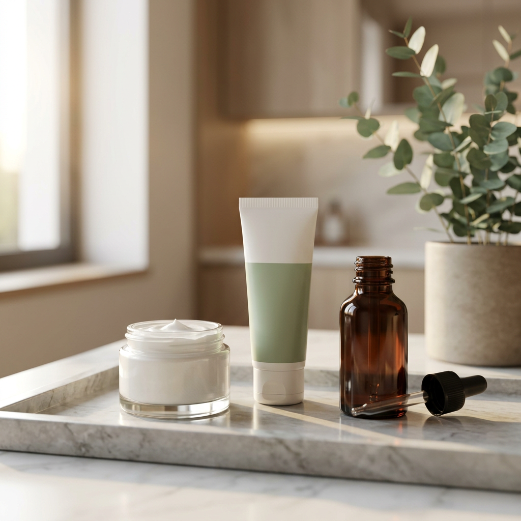 Hautpflege-Routine für reife Haut mit Tagescreme, Sonnenschutz und straffendem Abendserum