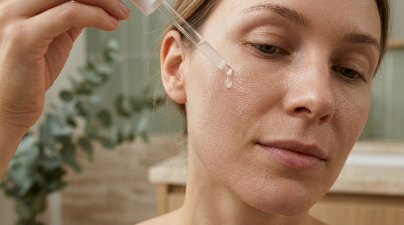 Nahaufnahme eines Gesichts, auf dessen Wange ein Serum mit einer Pipette aufgetragen wird; die Poren wirken feiner.