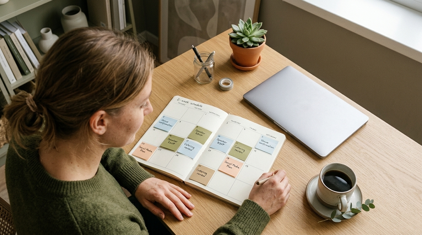 Schreibtisch mit Kalender und Laptop zur Planung der Event-Vorbereitung 14 Tage vorher.
