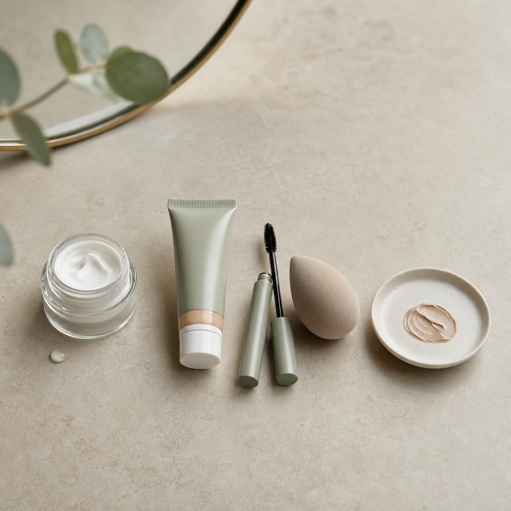 Pflege, getönte Creme, Schwamm und Mascara für eine einfache 5-Minuten-Routine.