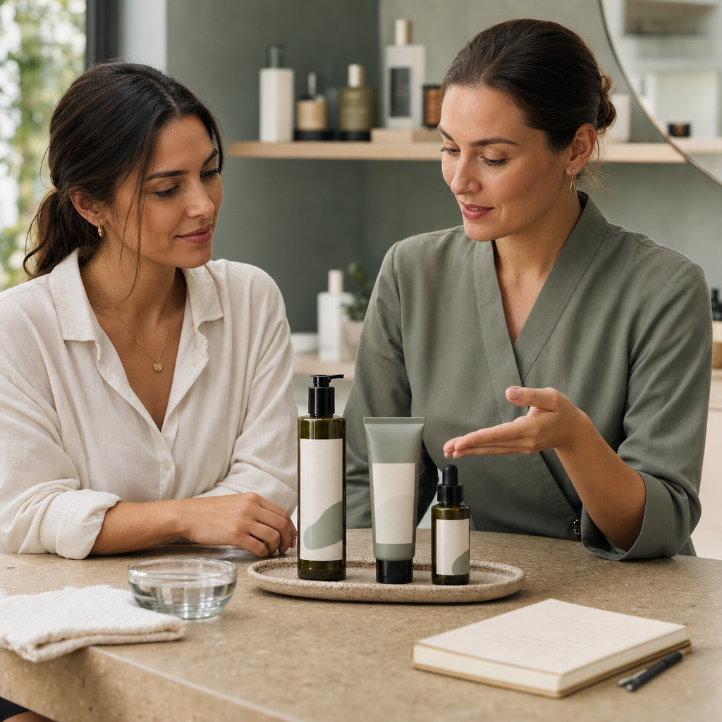 Kundin und Fachperson vergleichen neutrale Skincare-Produkte in einem ruhigen Studio.