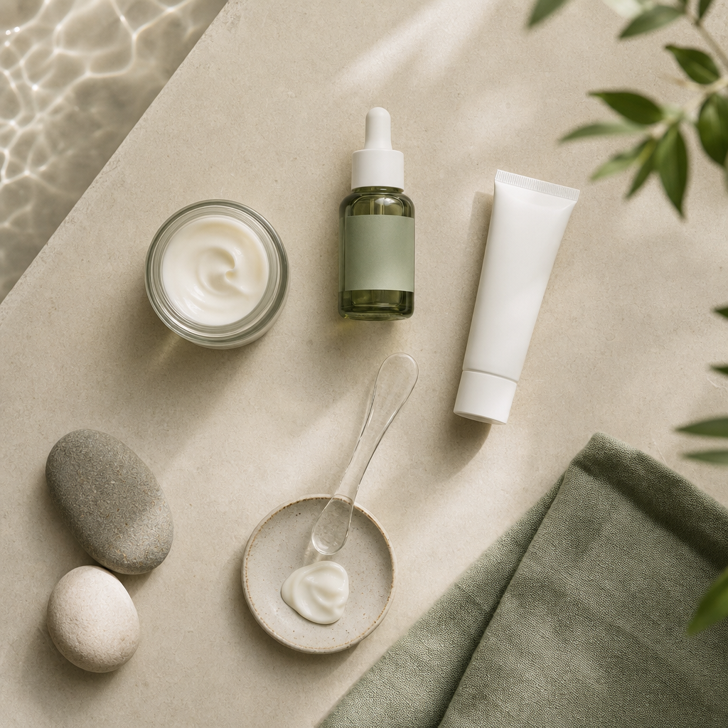 Textfreie Objektgrafik mit Skincare-Produkten, Cremeportion und Spatel als Nutzenvergleich.