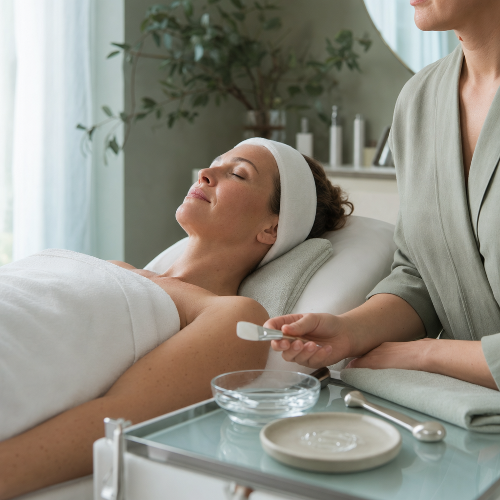Kosmetikerin bereitet eine Guinot Hydradermie Lift Behandlung in einem ruhigen Premium-Studio vor.