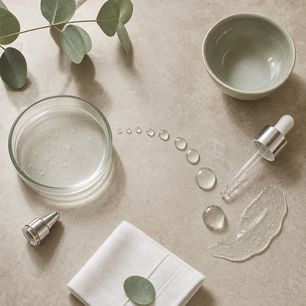 Konzeptionelle Darstellung von Reinigung und Hydration mit Wasser, Serum und Pflegeobjekten