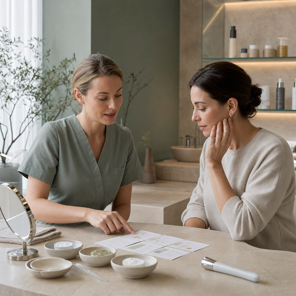 Beratung in einem Kosmetikstudio zur Planung von Peeling, Microneedling und Glow-Behandlung für ein ebenmäßigeres Hautbild