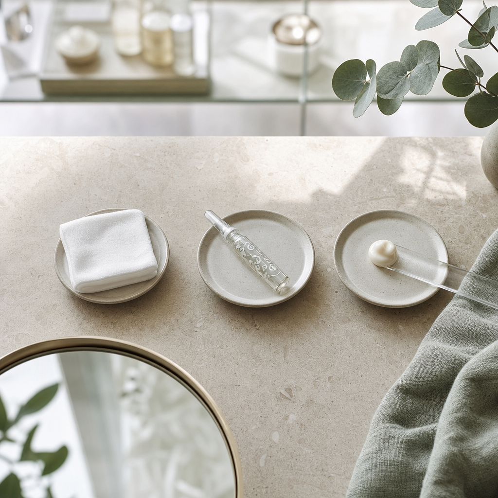 Geordnete Pflegeobjekte als textfreie Darstellung einer Hautstruktur-Kur mit mehreren Phasen.