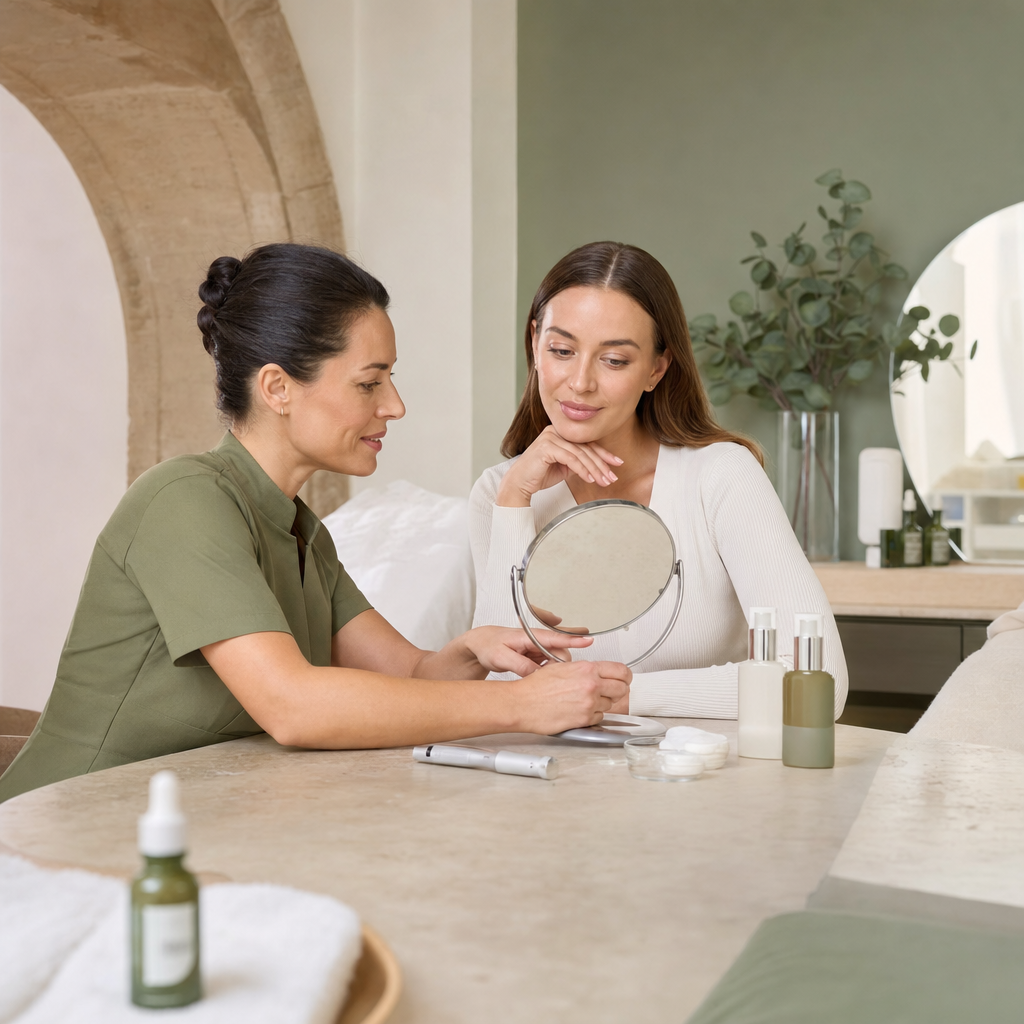 Skincare-Beratung zu Microneedling und Säurepeeling in einem modernen Studio.