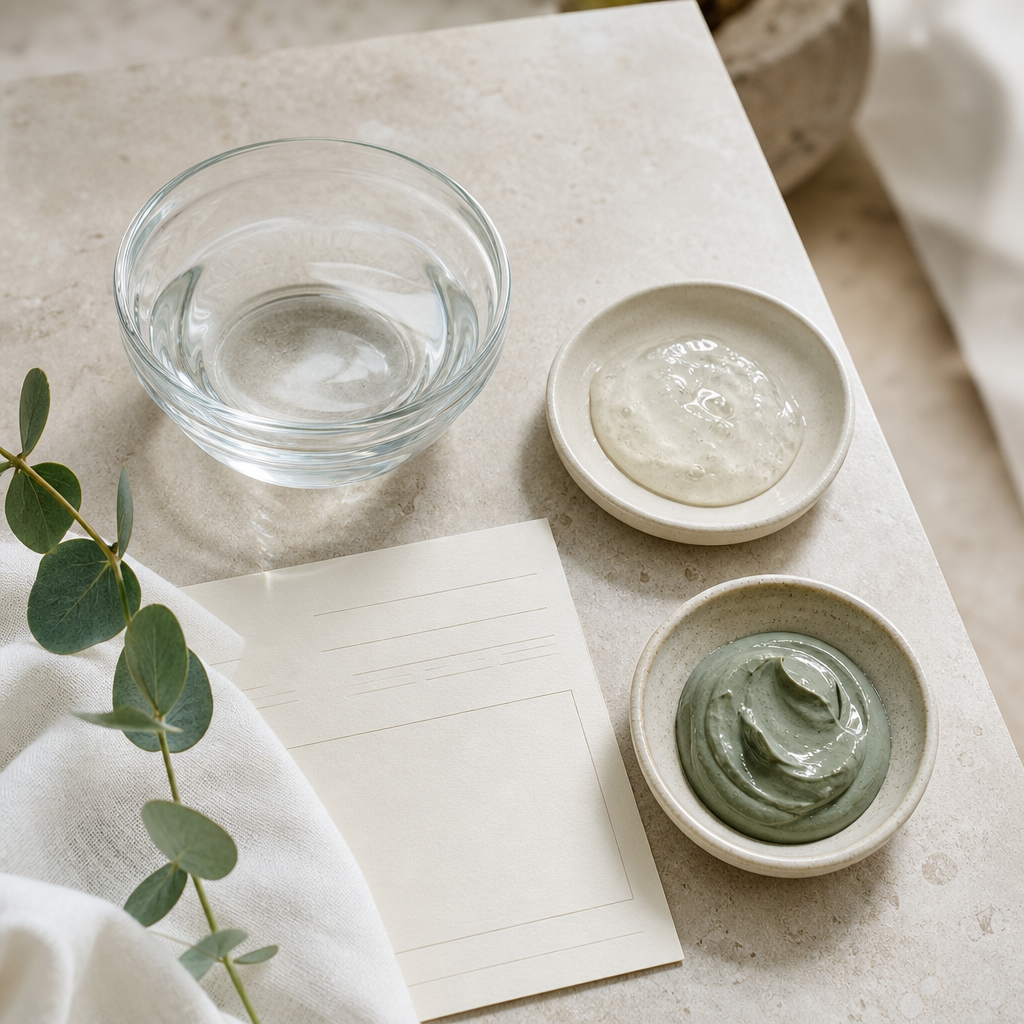 Textfreie Darstellung von Akne-Klärung, Aquafacial Basic und Detox Clear als drei Pflegebausteine
