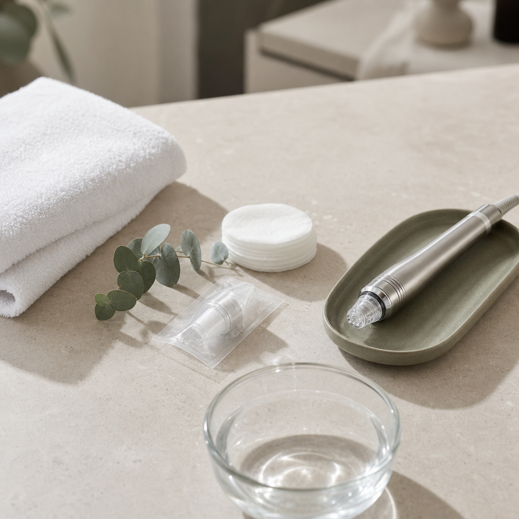 Sauber angeordnete Pflegeutensilien als textfreie Hygiene-Checkliste für Aquafacial.