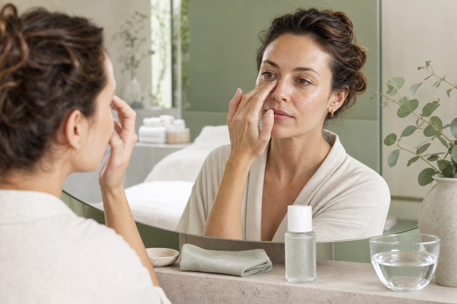 Person betrachtet Nase und T-Zone in einem ruhigen Skincare-Studio vor einer Aquafacial-Behandlung.