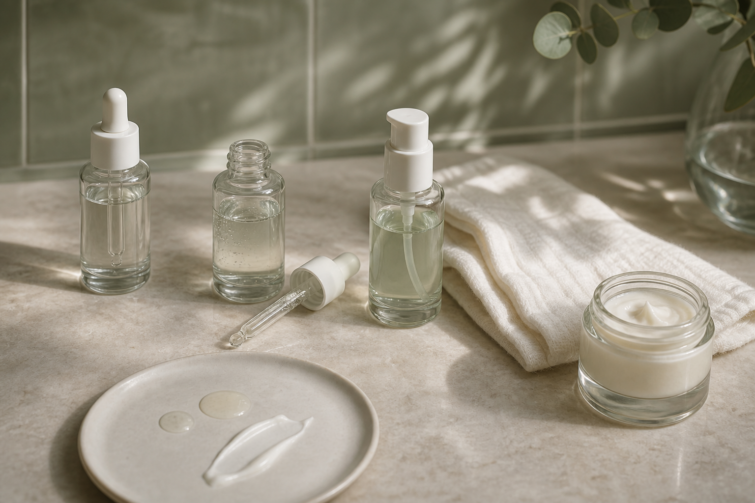 Einfache Hautpflege-Routine mit wenigen Produkten und sichtbarem Abstand.