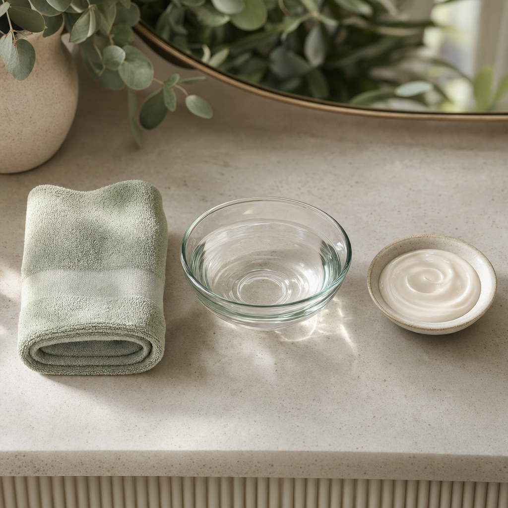 Textfreie Objektkomposition mit Handtuch, Wasserschale und Pflegecreme als Symbol für den Aquafacial-Ablauf.