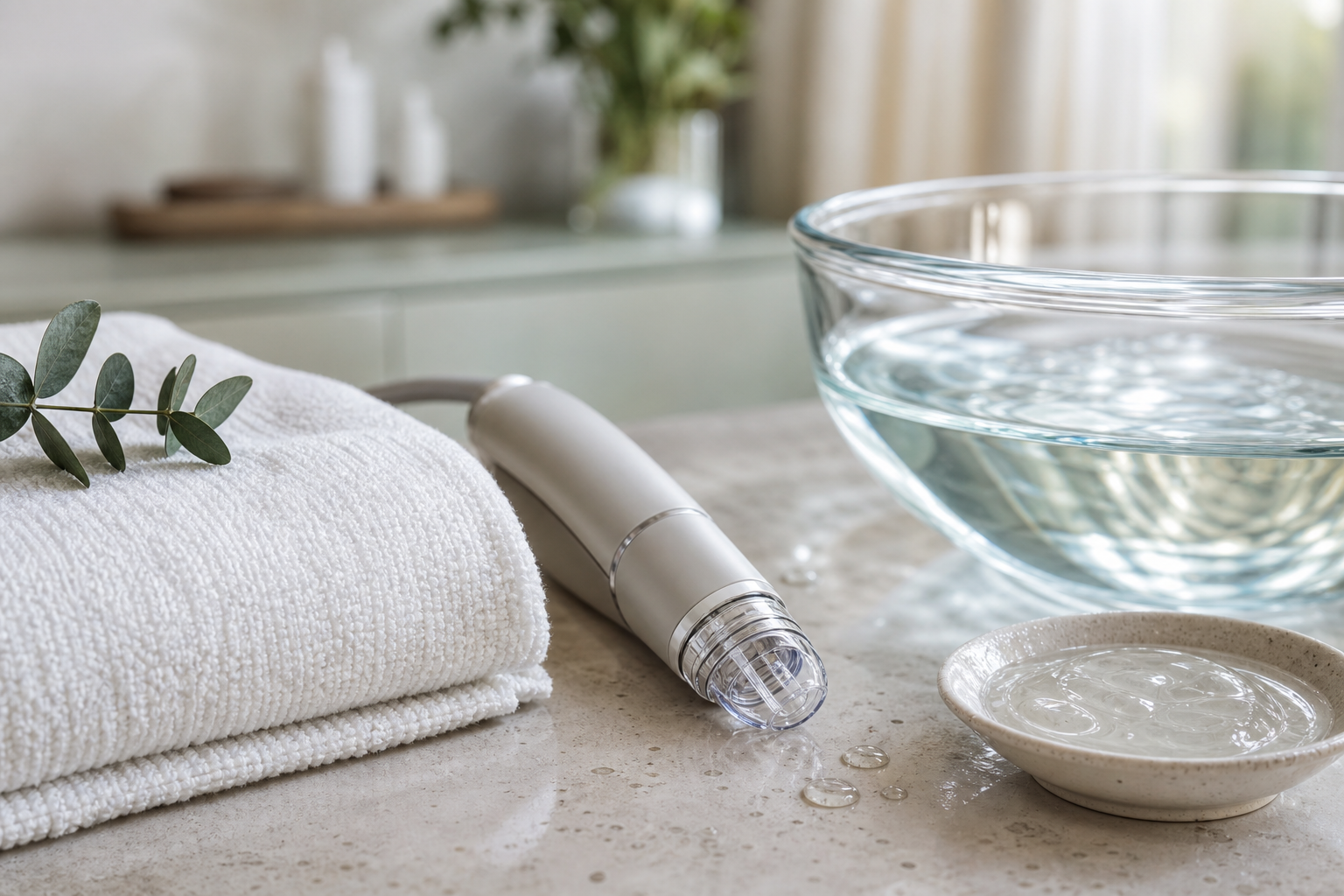 Unbranded Aquafacial-Handstück neben Glas, Wasser und Handtuch in einem ruhigen Kosmetikstudio.